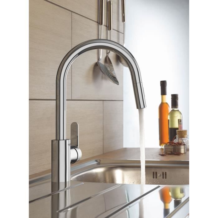 GROHE Robinet de cuisine évier Get, robinet avec douchette extractible, bec en forme de U, inverseur 2 jets, Supersteel, 31484001