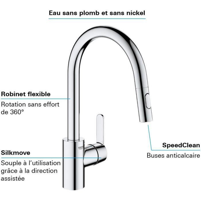 GROHE Robinet de cuisine évier Get, robinet avec douchette extractible, bec en forme de U, inverseur 2 jets, Supersteel, 31484001