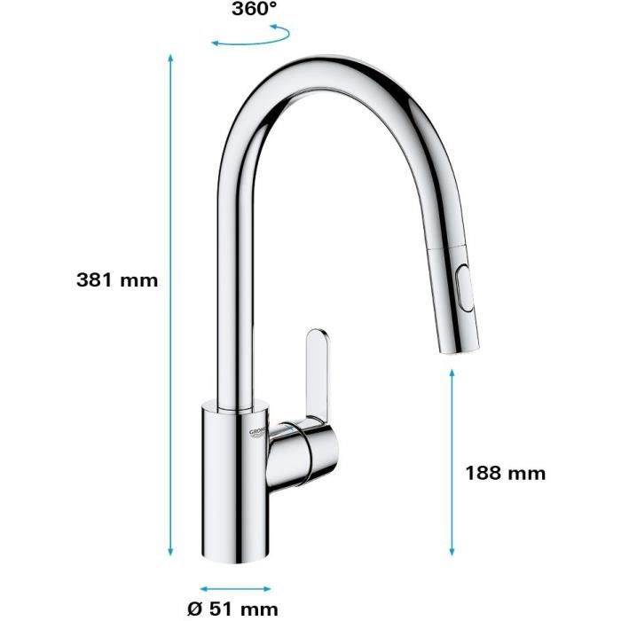 GROHE Robinet de cuisine évier Get, robinet avec douchette extractible, bec en forme de U, inverseur 2 jets, Supersteel, 31484001