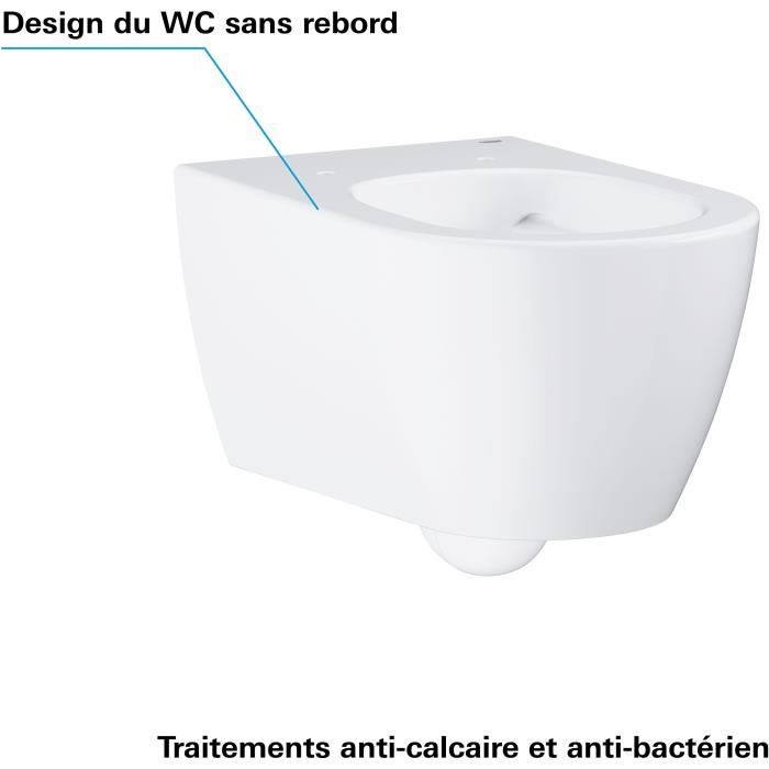 GROHE Cuvette WC suspendue, Essence Ceramic, sans rebord, traitement anti-calcaire et anti-bactérien Pure Guard, caréné, 3957100H