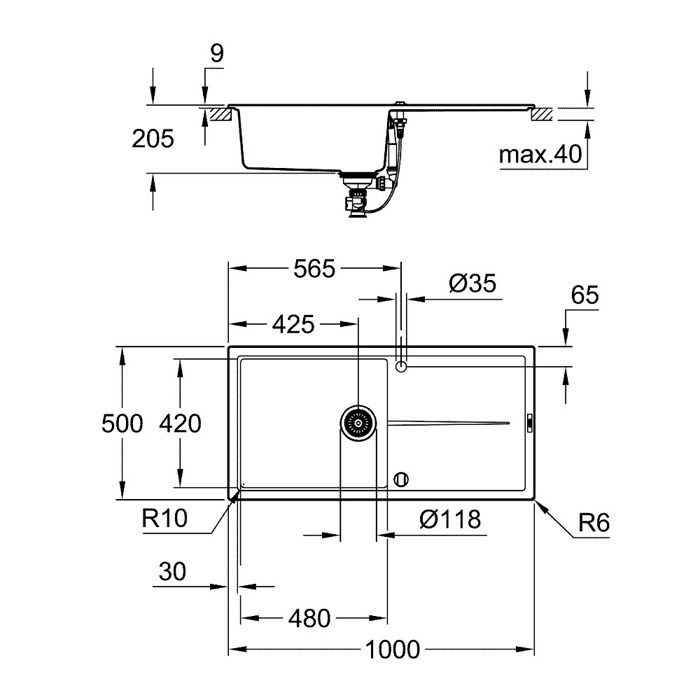 GROHE Evier composite avec égouttoir K400 1000 x 500 mm Gris granite 31641AT0