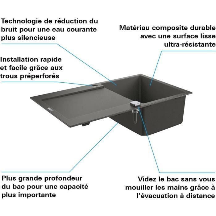 Evier de cuisine composite avec égouttoir GROHE K500, 860 x 500 mm, réversible, vidage pratique, siphon + bonde inclus, 31644AT0