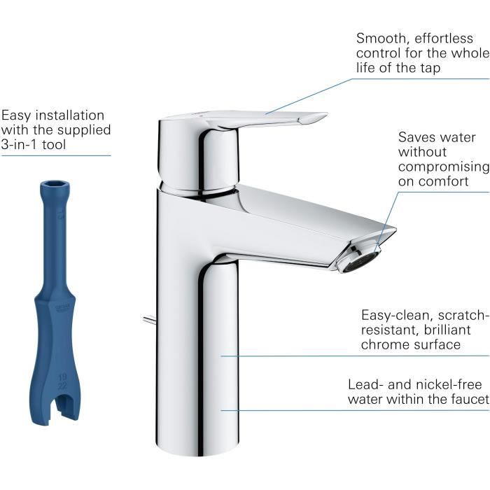 Mitigeur monocommande Lavabo GROHE - Taille M - Finition Chromé - Economie d'eau - Garantie 5 ans