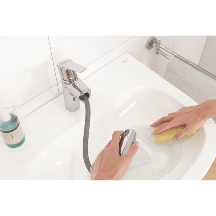 GROHE QUICKFIX Mitigeur monocommande lavabo de salle de bains Start, douchette extractible Mousseur économie d'eau taille M