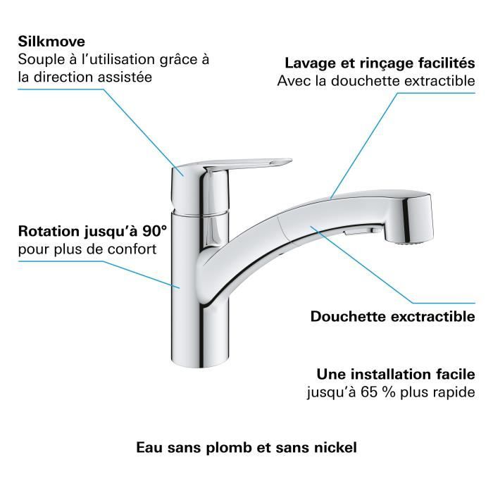 GROHE QUICKFIX Start Robinet de cuisine évier, douchette extractible, inverseur 2 jets, rotation 90°, 30531001