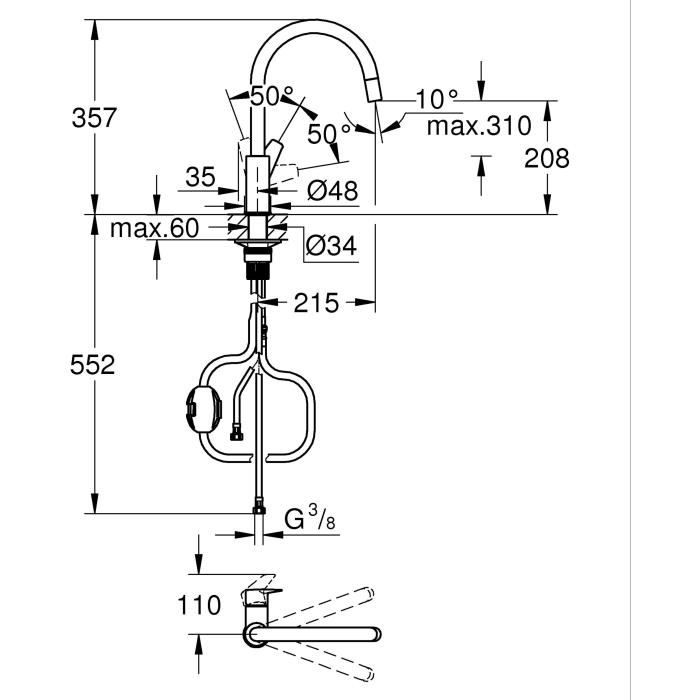 Robinet de cuisine - Mitigeur monocommande évier - Chromé - Bec haut en C - Mousseur extractible - GROHE StartEdge - 30550000