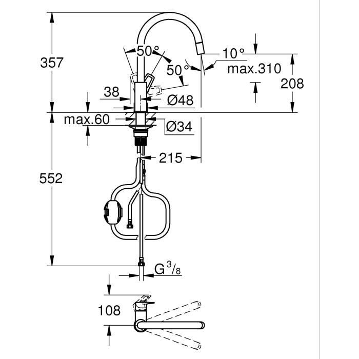 Mitigeur de cuisine GROHE StartLoop - Chromé - Bec haut en C - Mousseur extractible - 30556000