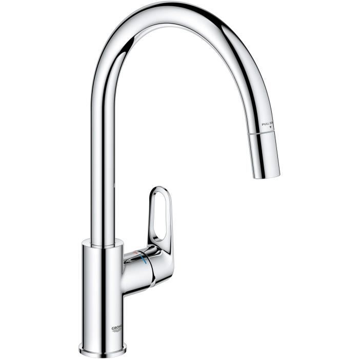 Robinet de cuisine - Chromé - Bec haut en C - Mousseur extractible - Rotation 360° - Limiteur de débit - GROHE Start Flow -