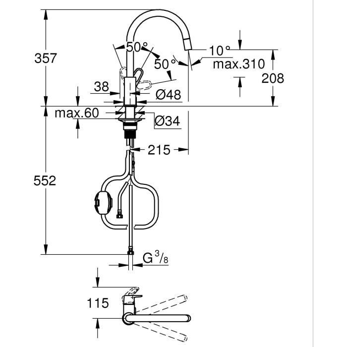 Robinet de cuisine - Chromé - Bec haut en C - Mousseur extractible - Rotation 360° - Limiteur de débit - GROHE Start Flow -