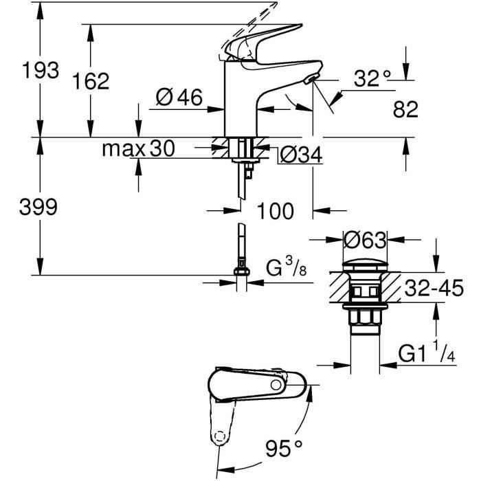 Mitigeur monocommande lavabo - GROHE Swift - 24323001 - Chromé - Taille S - Ouverture Eau Froide - Economie d'eau - Vidage clic clac