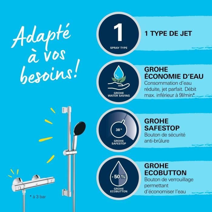 Ensemble de douche avec mitigeur thermostatique, pommeau 1 jet, barre 60cm et flexible - GROHE 34597001 - Economie d'eau - Chromé