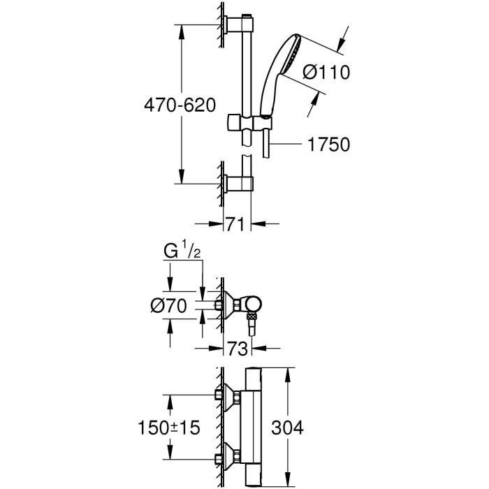 Ensemble de douche avec mitigeur thermostatique, pommeau 1 jet, barre 60cm et flexible - GROHE 34597001 - Economie d'eau - Chromé