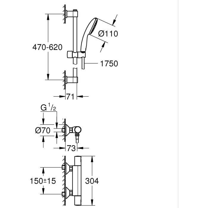 Ensemble de douche avec mitigeur thermostatique, pommeau 1 jet, barre 60cm et flexible - GROHE 34597001 - Economie d'eau - Chromé