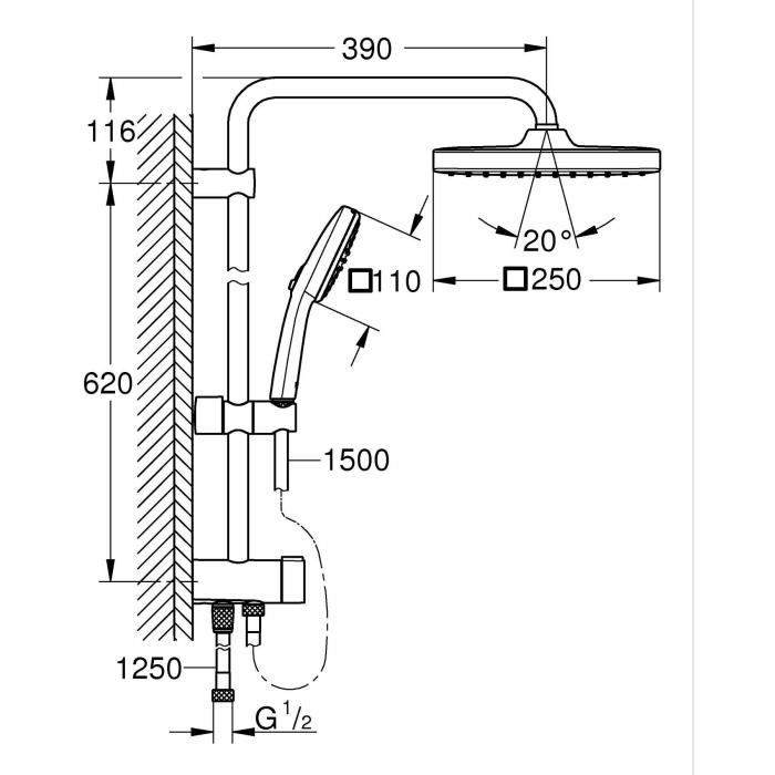 Colonne de douche avec inverseur manuel - Economie d'eau - GROHE Vitalio Comfort 250 - Chromé - 26698001