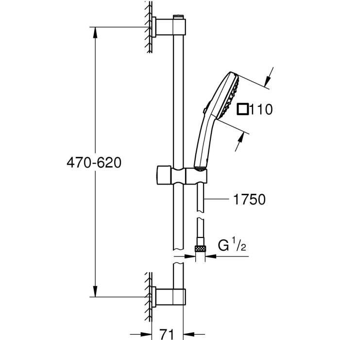 Ensemble de douche avec pommeau 3 jets, barre et flexible - GROHE Vitalio Comfort 110 26096001 - Sélection facile - Economie d'eau