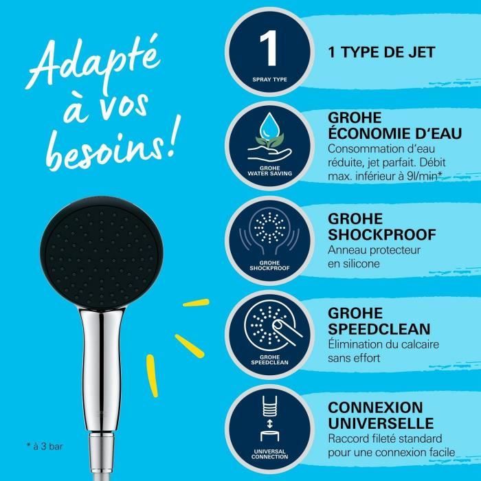 Ensemble flexible et pommeau de douche 1 jet (Pluie) - GROHE Vitalio Start 110 26720001 - Sélection facile - Economie d'eau