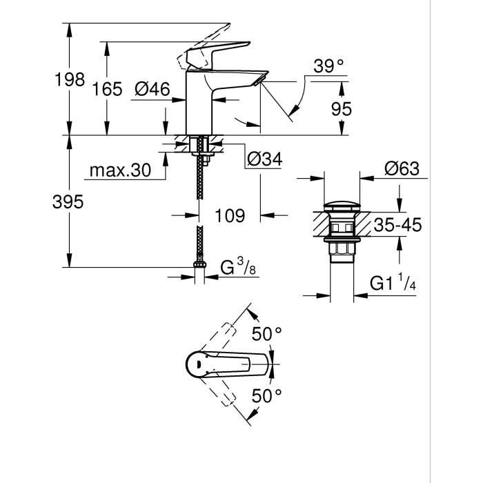 Mitigeur lavabo monocommande GROHE Start noir mat taille S économie d'eau