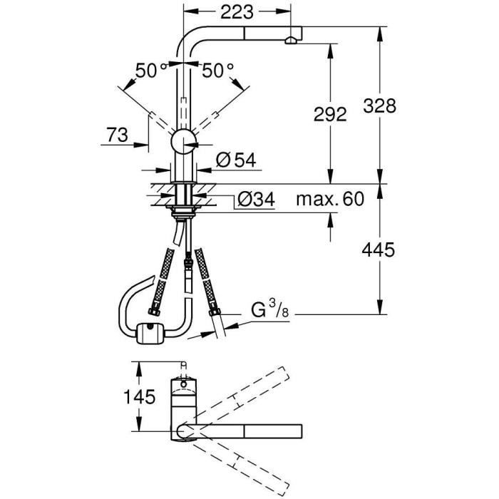 GROHE Mitigeur évier Minta 32168000 - Douchette extractible - Bec L - Bec tube pivotant 360° - Clapet anti-retour - Chrome