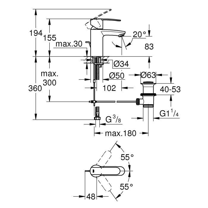 Mitigeur monocommande Lavabo GROHE - Taille S - Robinet mitigeur mécanique lavabo - Gris chromé - Economie d'eau