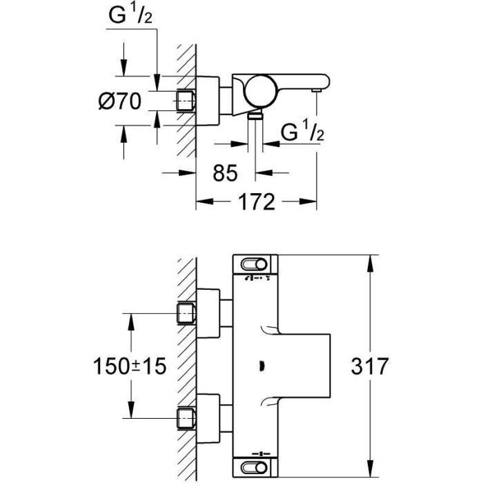 GROHE Mitigeur mural thermostatique bain/douche ½ Grohtherm 2000 34174001 - Jet cascade - Limiteur de température - Economie d'eau