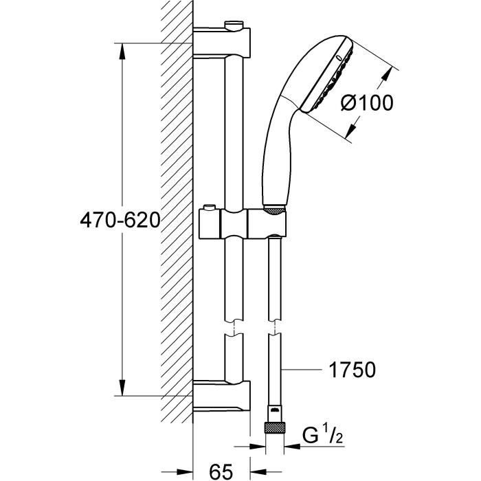 Ensemble de douche 3 jets avec barre - GROHE - Vitalio Start 100 - Chromé - Economie d'eau - 1,75 m