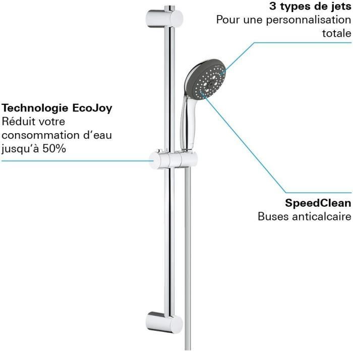 Ensemble de douche 3 jets avec barre - GROHE - Vitalio Start 100 - Chromé - Economie d'eau - 1,75 m