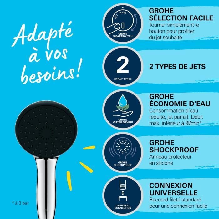 Pommeau de douche - GROHE Vitalio Start 110 27946001 - 2 jets (Pluie/Stimulant) - Economie d'eau - Procédé anti-calcaire - Chromé