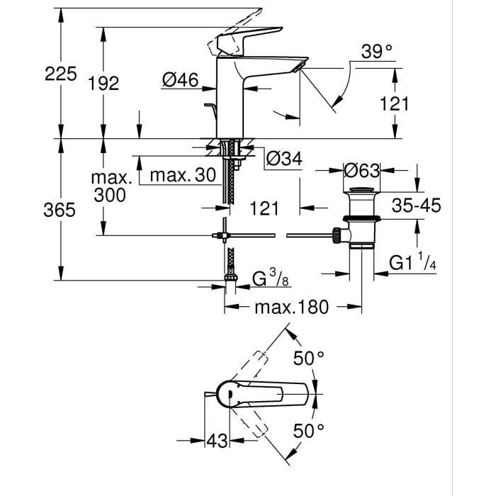 Mitigeur monocommande lavabo - GROHE Start - 234552432 - Noir mat - Taille M - Bec moyen - Economie d'eau - Tirette et vidage