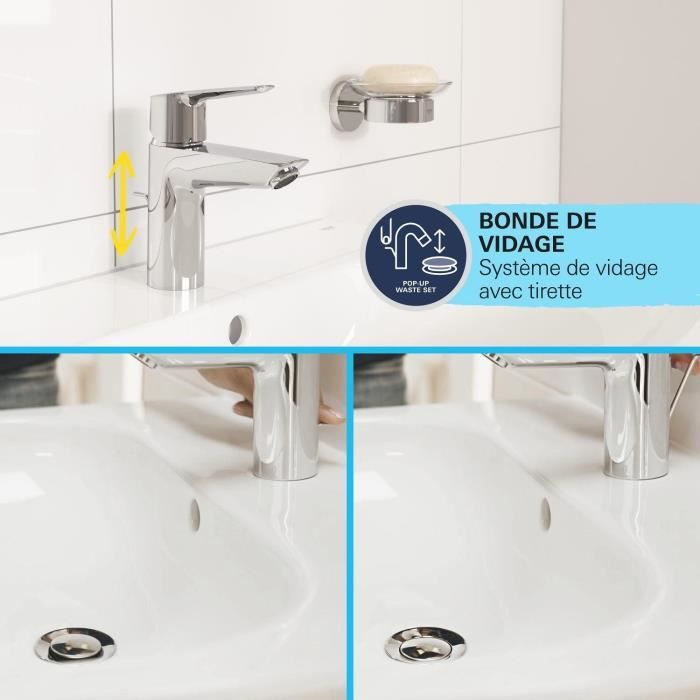 Mitigeur monocommande lavabo - GROHE Start - 234552432 - Noir mat - Taille M - Bec moyen - Economie d'eau - Tirette et vidage