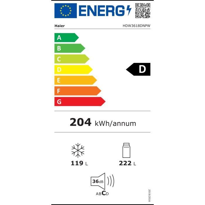 Réfrigérateur combiné - HAIER - HDW3618DNPW - Classe D - 341 L - 36 dB - Blanc