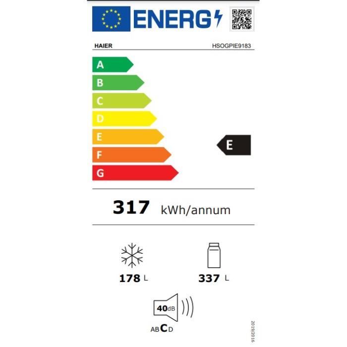 Réfrigérateur américain - HAIER - HSOGPIE9183 - Classe E - 515 L (337+178) - 40 dB - Gris