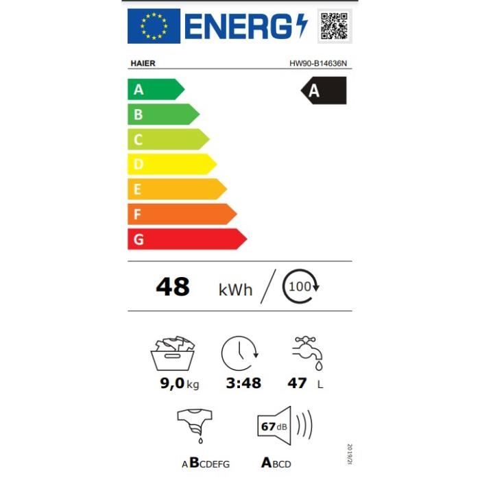 Lave-linge hublot HAIER HW90-B14636N-FR - 9 kg - Direct drive - 1400 trs/min - Classe A  - 16 programmes - Blanc