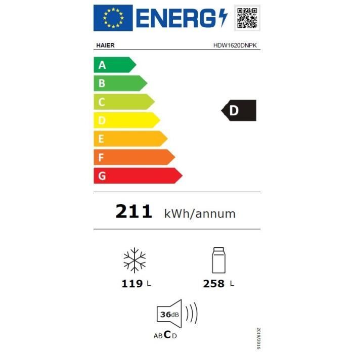 Réfrigérateur Combiné - HAIER HDW1620DNPK - Classe D - 377 L - 200 x 59,5 x 65,9 cm - Effet Inox