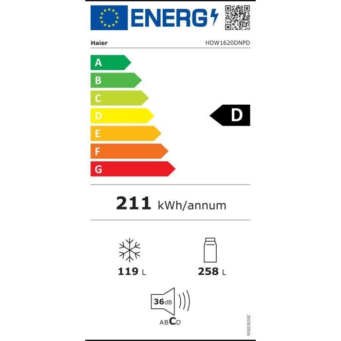 RÉFRIGÉRATEUR COMBINÉ-  HAIER - HDW1620DNPD - Classe D - 377 L - Inox foncé