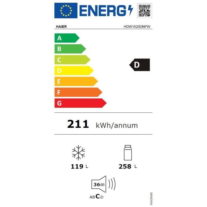 Réfrigérateur Combiné - HAIER - HDW1620DNPW - Classe D - 377 L - 200 x 59,5 x 65,8 cm - Blanc