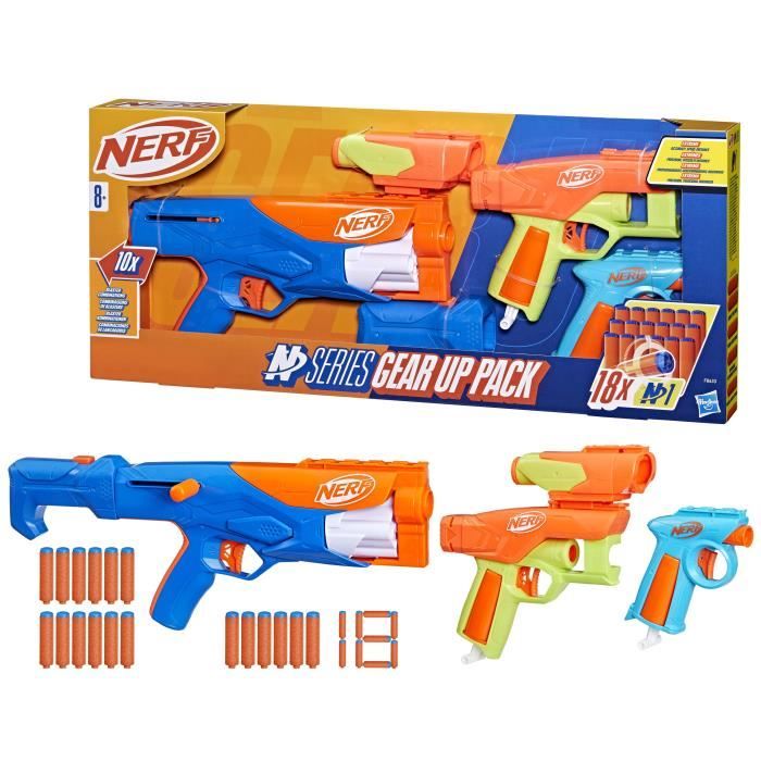 NERF Pack 3 blasters N Series Gear Up, pistolet a fléchettes, 18 fléchettes Nerf N1 compatibles uniquement avec les blasters Nerf N