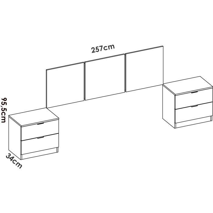 Ensemble tete de lit en 3 parties + 2 tables de nuit avec 2 tiroirs - HAVANA - Blanc - 256,8 x 34,2 x 96 cm