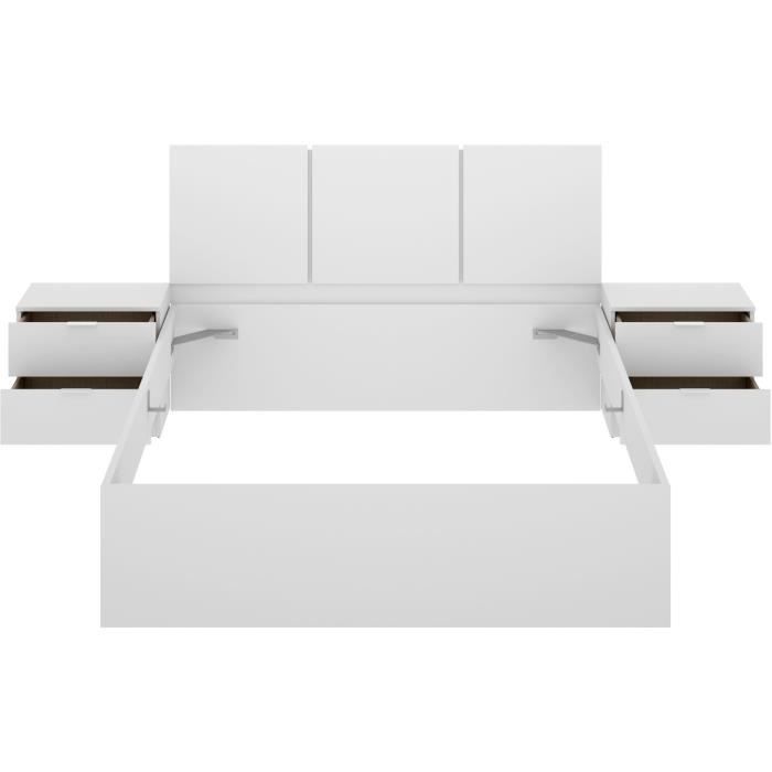 Ensemble structure de lit + tete de lit en 3 parties et 2 tables de nuit avec 2 tiroirs - HAVANA - 140 x 190 cm - Blanc