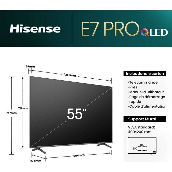 HISENSE 55E7NQ Pro - TV QLED 55'' (139 cm) - 4K UHD 3840x2160 - 144Hz - HDR 10+ - Smart TV - 4 x HDMI