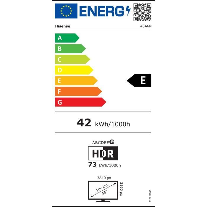 TV LED - HISENSE - 43A6N - 43'' (108 cm) - 4K UHD 3840x2160 - 60Hz - HDR 10+ - Smart TV - 3 x HDMI