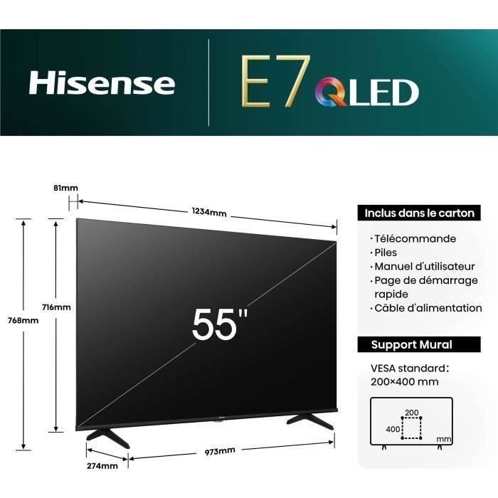 TV LED - HISENSE - 55E7NQ - 55'' (139 cm) - 4K UHD 3840x2160 - 60Hz - HDR 10+ - Smart TV - 3 x HDMI