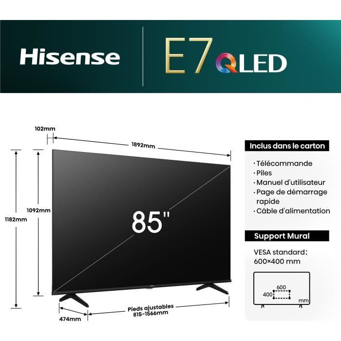 HISENSE 85E7NQ - TV QLED 85 (215 cm) - 4K UHD - Dolby Vision - Smart TV - 3xHDMI - WiFi