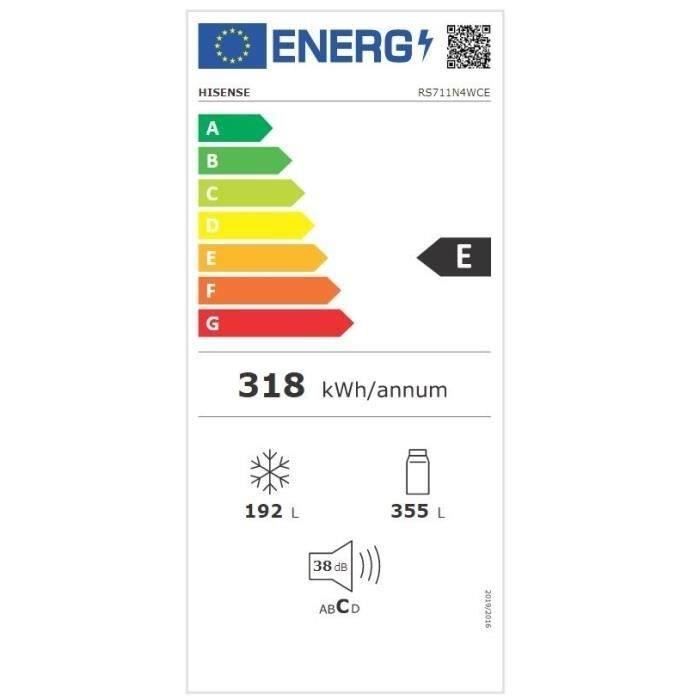 Réfrigérateur américain HISENSE - RS711N4WCE - 2 portes - Classe énergétique E - 91 x 64,3 x 178,6 cm - Inox