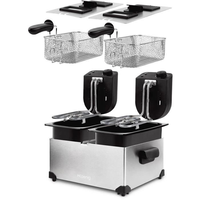 HKoeNIG DFX600 - Friteuse double bac 2x3L - 3600W - 2 thermostats indépendants - Paniers amovibles - Filtres anti-odeurs - Acier