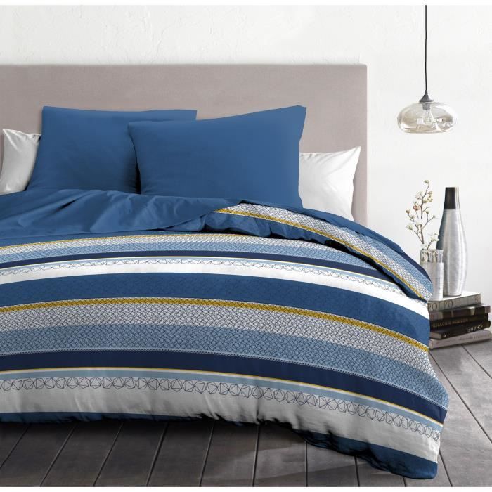 Parure de couette microfibre HOME PASSION STANIS - 1 housse de couette 220 x 240 cm + 2 taies d'oreiller 63 x 63 cm - Bleu