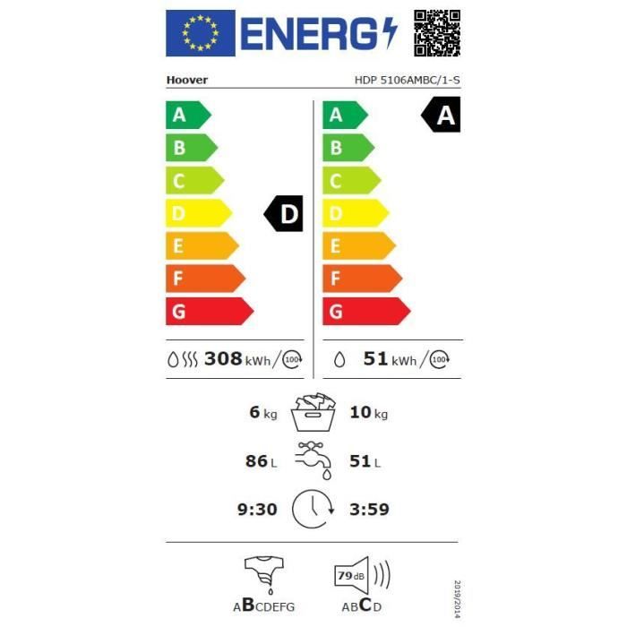 Lave-linge séchant HOOVER HDP5106AMBC/1-S H-Wash&Dry500 - 10 /6 kg - Induction - 1500 trs/min - Vapeur - Connecté - Blanc