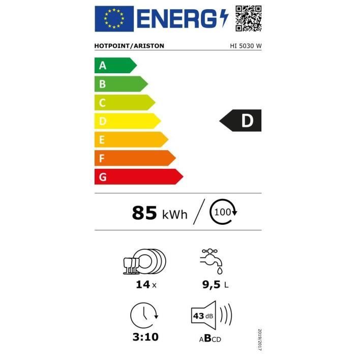 Lave-vaisselle tout intégrable HOTPOINT HI5030W - 14 couverts - Induction - L60cm - 43dB