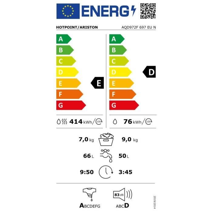 Lave-linge séchant HOTPOINT AQD972F697EUN Aqualtis - 9 / 7 kg - Induction - 1600 trs/min - Blanc