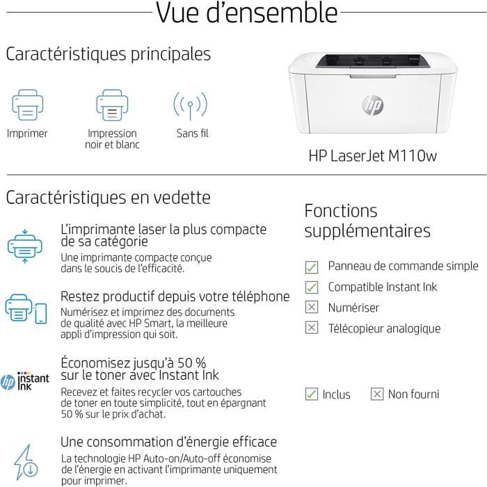 Imprimante monofonction HP LaserJet M110w laser noir et blanc