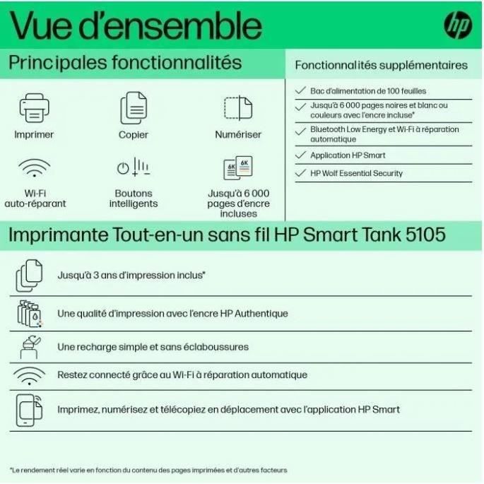 Imprimante tout-en-un HP Smart Tank 5105 couleur a réservoir d'encre